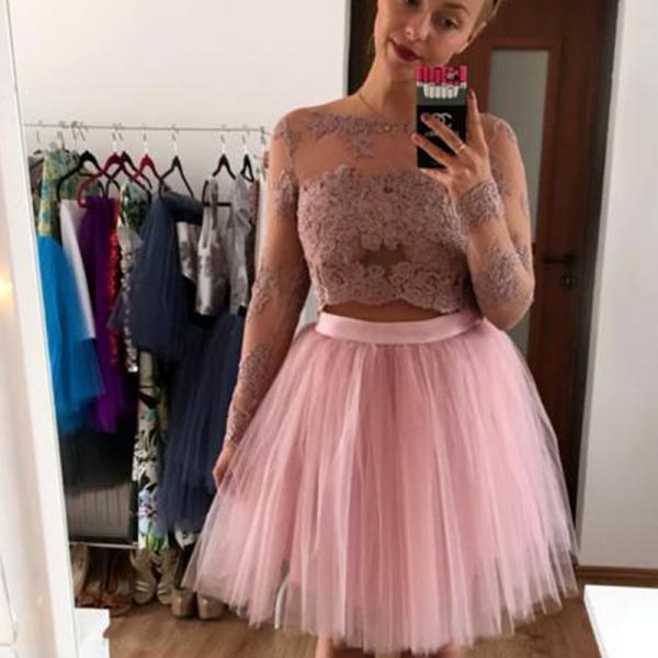 Bateau Long Homecoming Dresses Norma Two Pieces A Line Lace Pink Sleeve Appliques Tulle Pleated