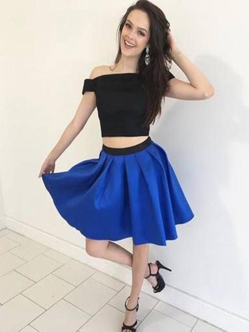 Off The Shoulder Pleated Royal Blue A Line Kay Satin Two Pieces Homecoming Dresses Elegant