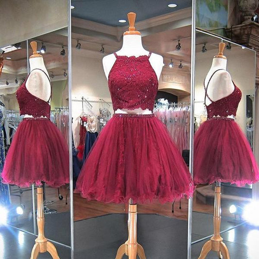 Burgundy Beading A Line Homecoming Dresses Melissa Two Pieces Halter Criss Cross Backless Organza