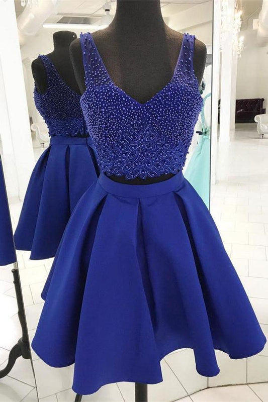 V Neck Satin Royal Blue A Line Homecoming Dresses Two Pieces Karla Sleeveless Beading Backless