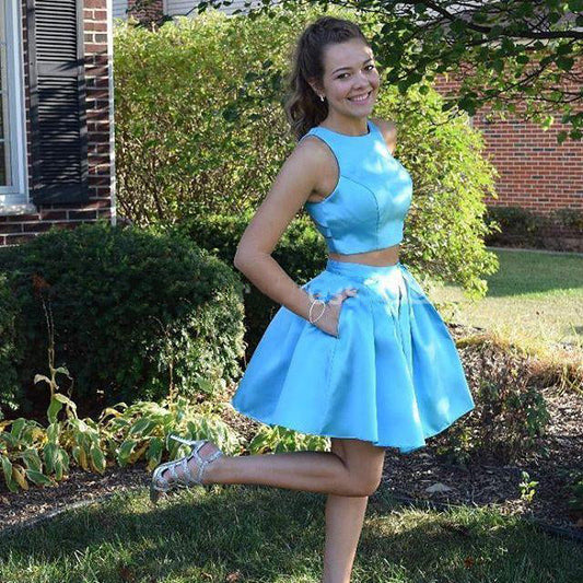 Jewel Sleeveless Blue Pockets A Line Homecoming Dresses Two Pieces Satin Setlla Pleated Short