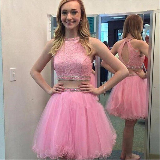 Sleeveless Pink Two Pieces Alicia Homecoming Dresses A Line Halter Appliques Organza Backless
