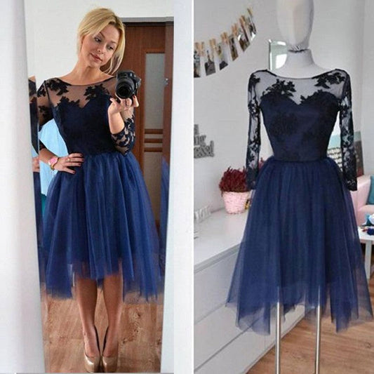 Long Sleeve Scoop Appliques Sheer Pleated Tulle Priscilla Homecoming Dresses A Line Flowers