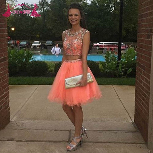 Scoop Organza Homecoming Dresses Two Pieces Norah A Line Coral Cap Sleeve Rhinestone