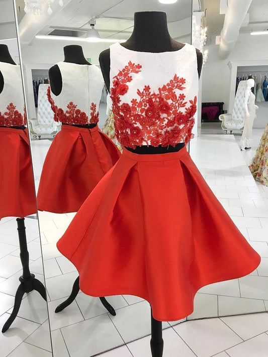 Sleeveless Two Pieces Cecilia Satin Homecoming Dresses Jewel Pleated Red Appliques Flowers Short