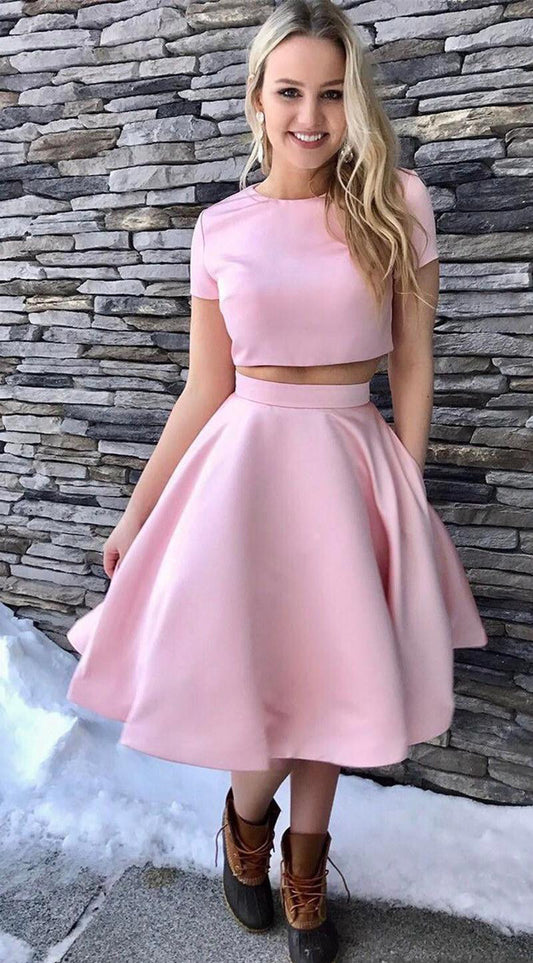 Homecoming Dresses Pink Teresa Two Pieces A Line Satin Short Sleeve Jewel Pleated