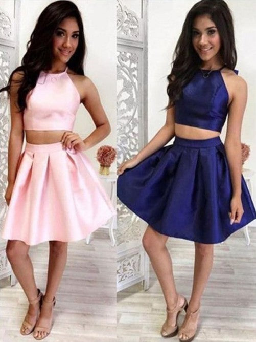 Halter Sleeveless Short A Line Stephany Two Pieces Homecoming Dresses Satin Pleated