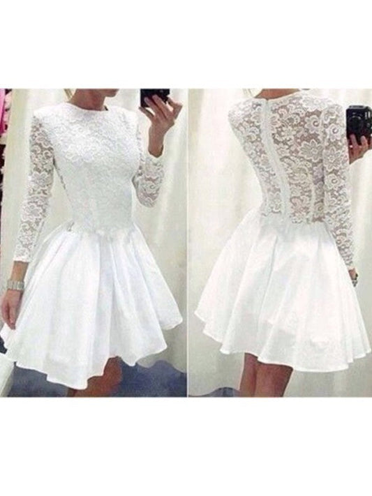 Satin Lace Homecoming Dresses A Line Addison Long Sleeve Jewel White Pleated Appliques