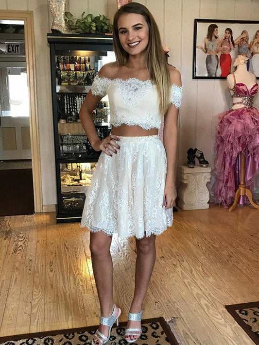 Lace Two Pieces Homecoming Dresses A Line Laura Off The Shoulder White Appliques Pleated