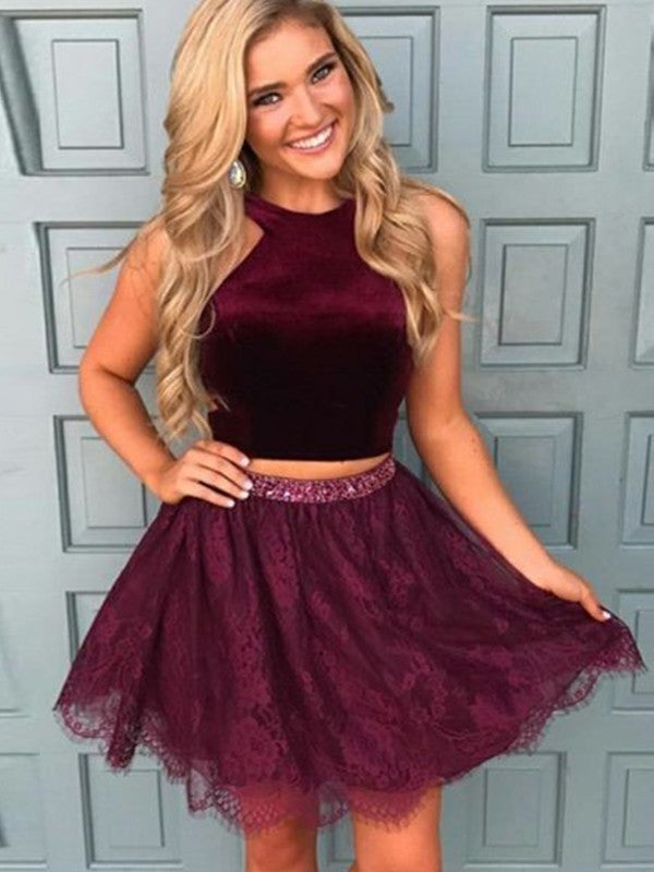 A Line Two Pieces Homecoming Dresses Lace Pearl Burgundy Halter Sleeveless Flowers Beading