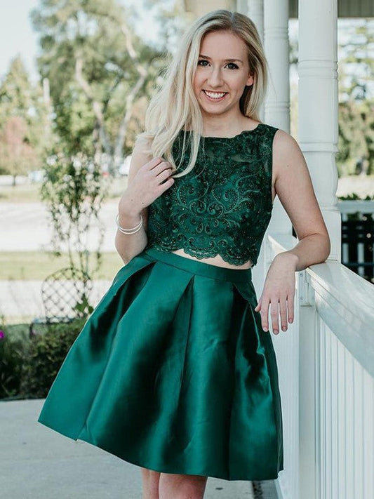 Jewel Ball Gown Sleeveless Dark Green Satin Homecoming Dresses Lace Harmony Two Pieces Appliques