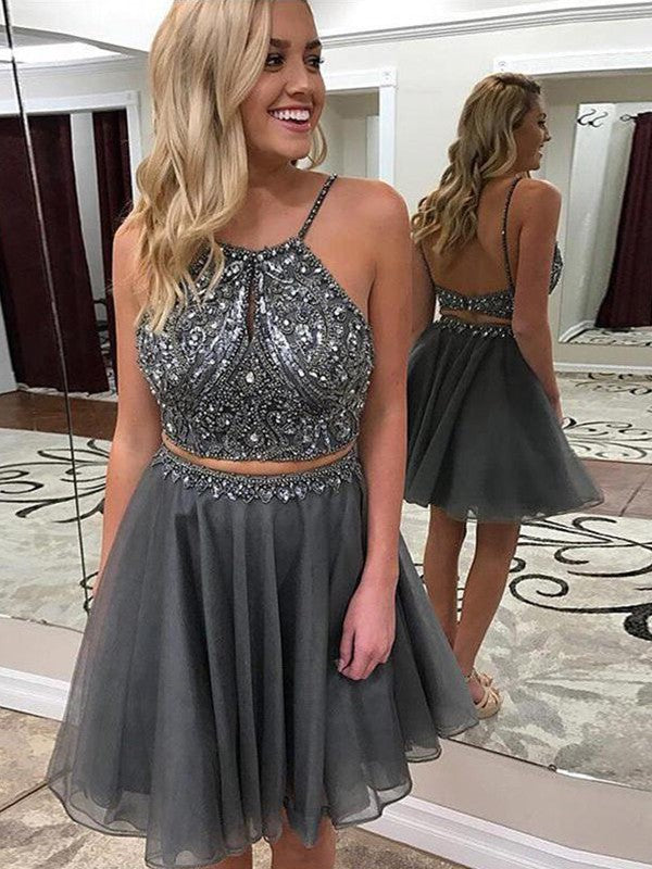 Halter Spaghetti Straps Grey Two Pieces Homecoming Dresses A Line Sophronia Backless Organza Beading