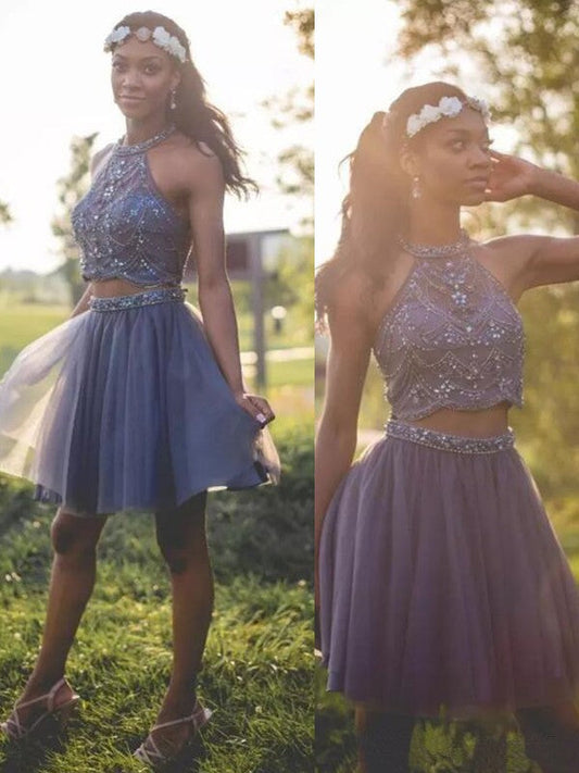 Katharine Homecoming Dresses Two Pieces A Line Halter Sleeveless Pleated Tulle Beading Short