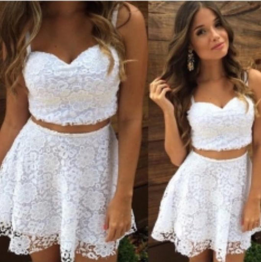 Spaghetti Straps Sweetheart A Line Lace Nellie Homecoming Dresses Two Pieces White Short