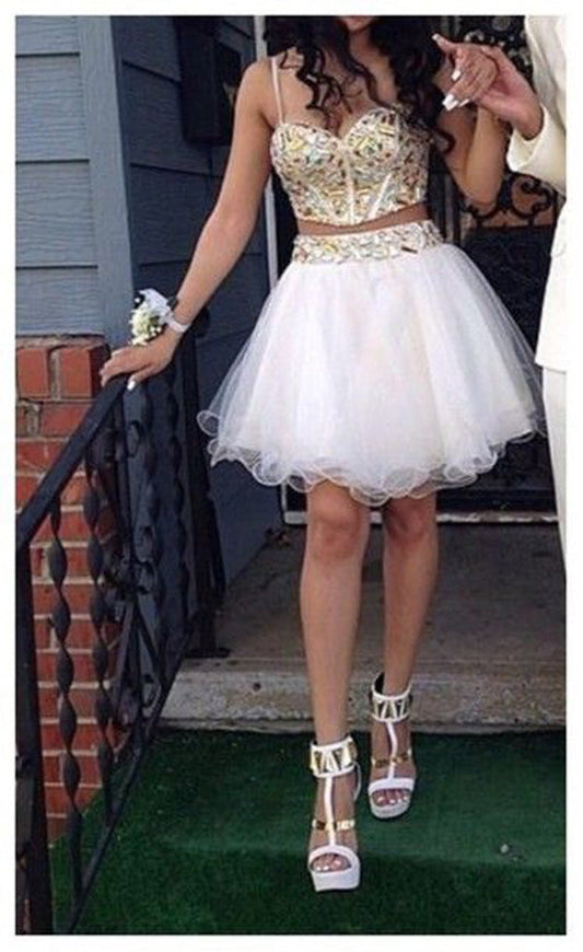 Spaghetti Straps Rhinestone Organza Persis Homecoming Dresses A Line Two Pieces White Sweetheart