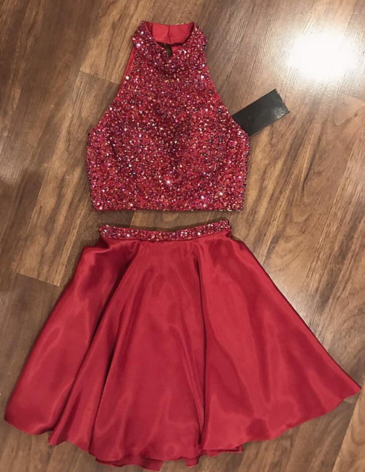 Halter Sleeveless Red Beading Pleated Rubi Satin A Line Homecoming Dresses Two Pieces Short