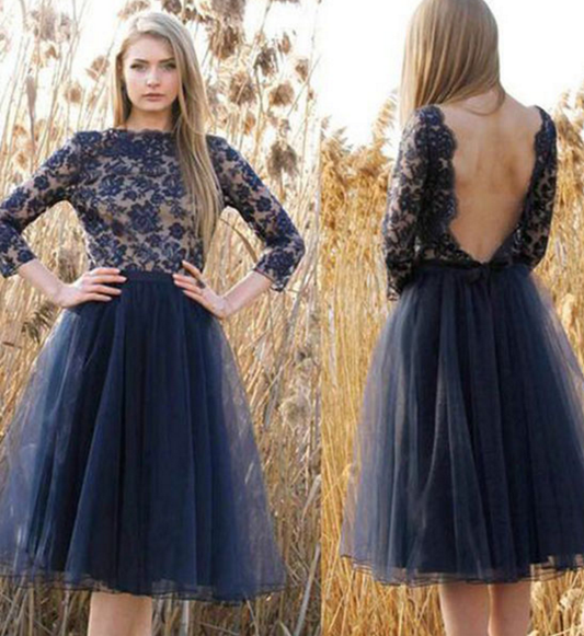 Jewel Long Sleeve Dark Homecoming Dresses A Line Lace Amari Navy Backless Flowers Tulle Pleated