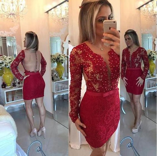 Long Sleeve Scoop Lace Amiya Homecoming Dresses Sheath Burgundy Sheer Back Beading Short