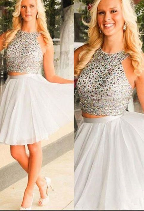 Halter Sleeveless White A Line Homecoming Dresses Brianna Chiffon Two Pieces Beading