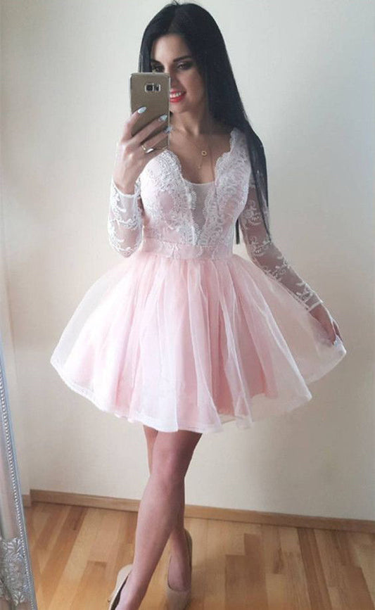 Long Sleeve Nathalie Homecoming Dresses Pink Lace Sheer Tulle Pleated Short Deep V Neck Exquisite