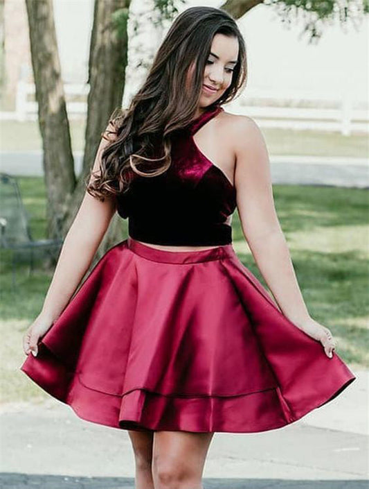 Halter Nataly Satin Two Pieces Homecoming Dresses Sleeveless Burgundy Pleated Short