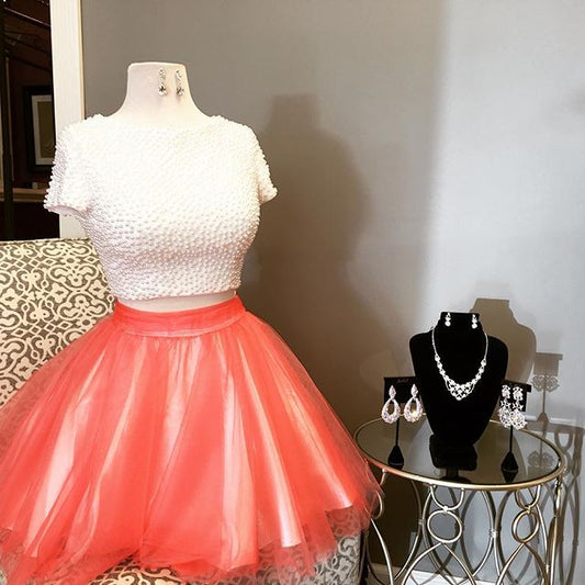 Beading Short Sleeve Tulle Haylie Homecoming Dresses Two Pieces Backless Jewel Short