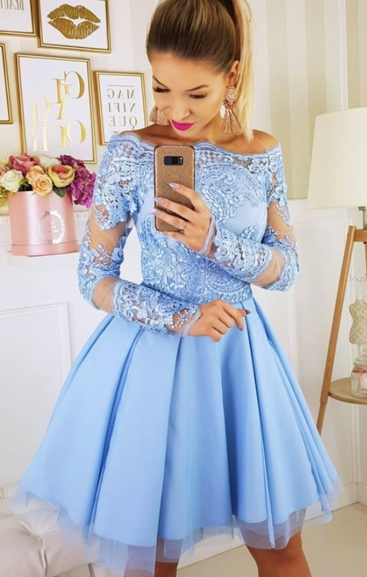 Long Sleeve Off The Shoulder Appliques Lace Homecoming Dresses A Line Lilly Pleated Tulle Short