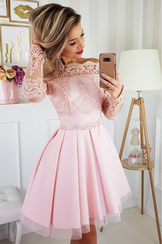 Off The Shoulder Appliques A Line Pink Lace Homecoming Dresses Mallory Long Sleeve Tulle Short