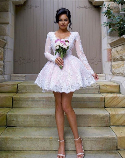 Long Sleeve Deep V Neck Ball Lace Ava Homecoming Dresses Gown White Short Elegant