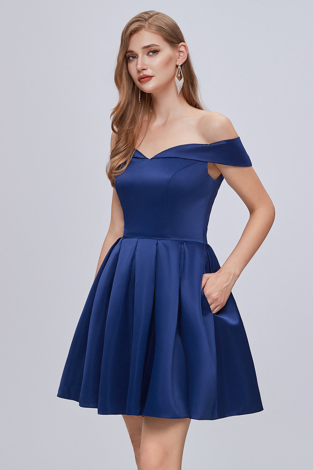 Cute Blue Off The Shoulder Lace Up Satin Homecoming Dresses