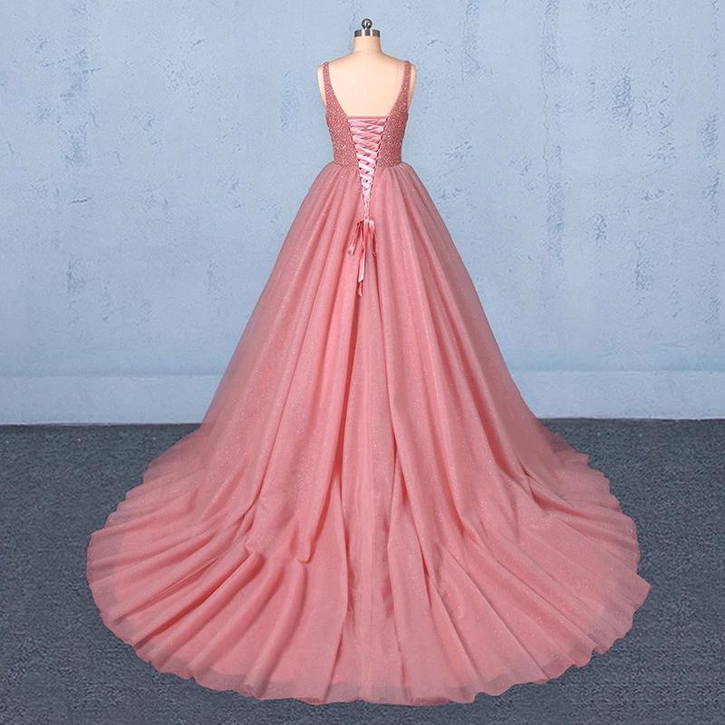 Ball Gown V Neck Tulle Prom Dress with Beads, Puffy Pink Sleeveless Quinceanera Dresses SRS15074