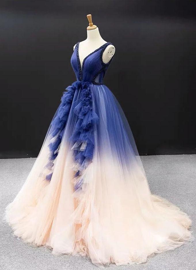 Ball Gown Ombre V Neck Tulle Royal Blue Long Prom Dresses, Quinceanera Dresses SRS15067