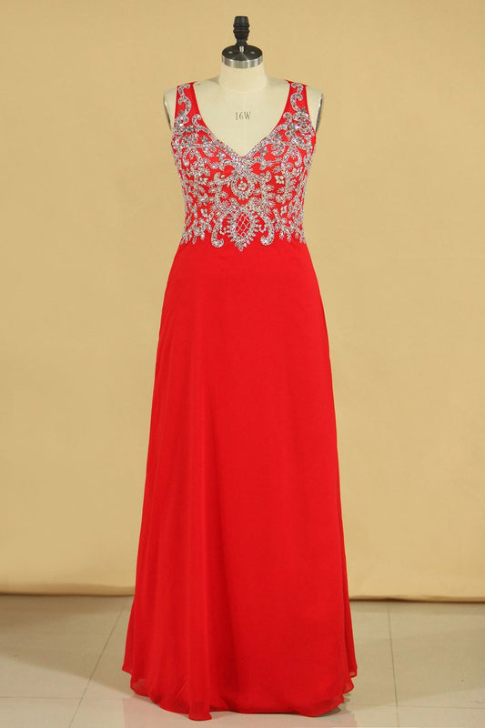 Red Plus Size V Neck Beaded Bodice Chiffon & Tulle A Line Prom Dresses