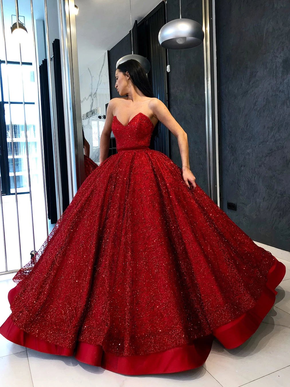 Sparkly Ball Gown Burgundy Strapless Sweetheart Prom Dresses, Long Quinceanera Dresses SJS15428