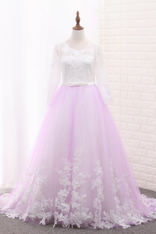 2024 A Line Long Sleeves Tulle Scoop Flower Girl Dresses With Applique And Sash