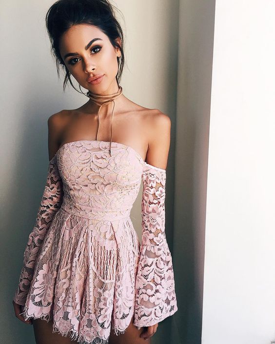 A-Line Lace Homecoming Dresses Kristen Cocktail Off-The-Shoulder Long Sleeves Short Blush 2024