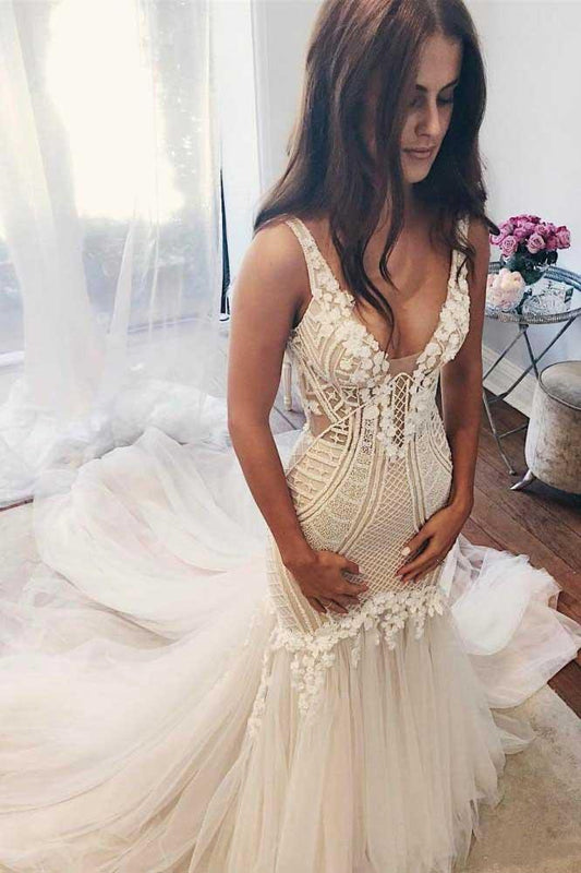 Beautiful Lace Tulle V-Neck Mermaid Ivory Sexy Sleeveless Wedding Dresses JS293