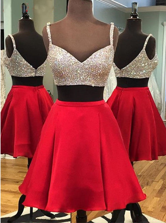 Two Piece Spaghetti Homecoming Dresses Sharon Straps Above-Knee Red With Sequins Beading