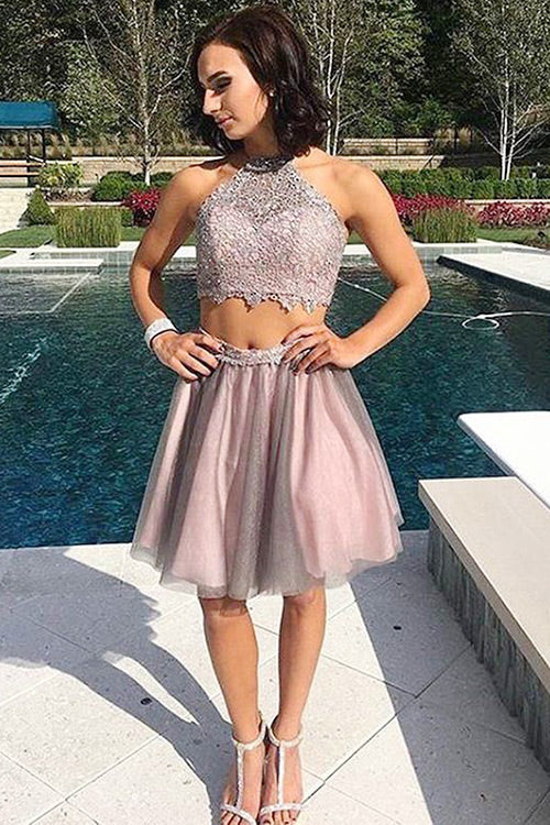 Two Piece Jewel Open Back Short Blush Rachel Homecoming Dresses Tulle Dresses Prom