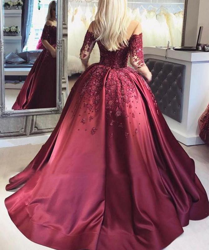 2024 Dark Red Lace Long Sleeve Prom Dress Off-the-Shoulder Ball Gown Quinceanera SRS10076