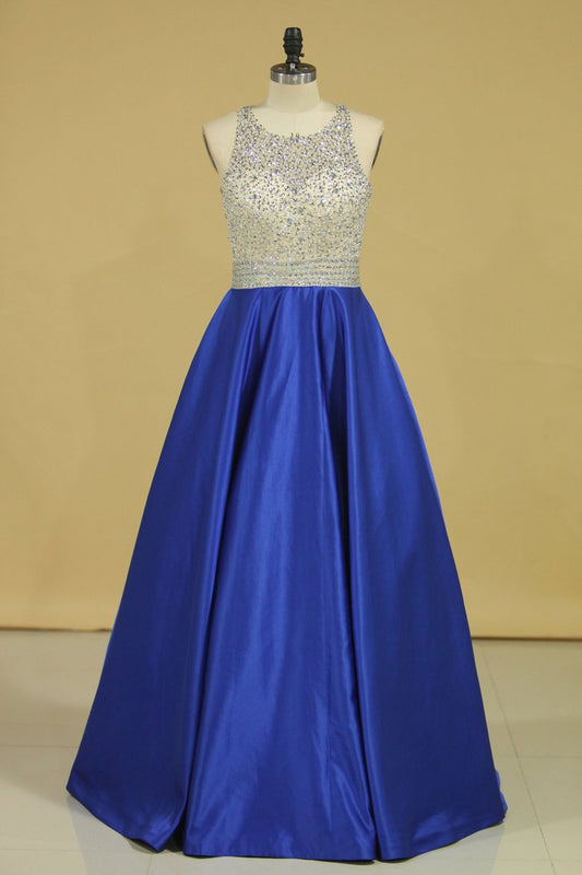 Royal Blue Scoop Open Back Beaded Bodice A Line Prom Dresses Satin & Tulle Plus Size