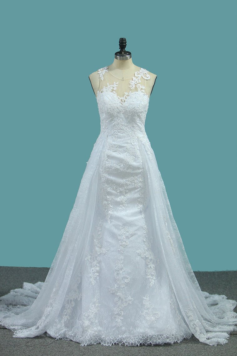 2024 Mermaid  Wedding Dresses Tulle Scoop With AppliqueCourt Train Detachable