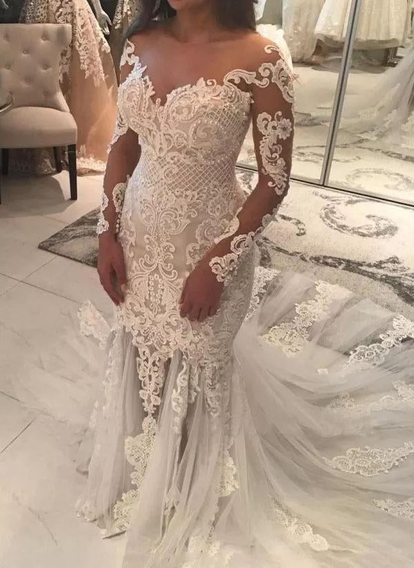 Long Sleeve Sparkly Mermaid V Neck Beads Wedding Dresses With Applique SRS15249