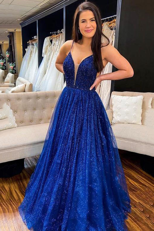 Royal Blue A-Line Lace Sparkling Pageant Dance Dresses Formal Evening Dresses Prom Dresses