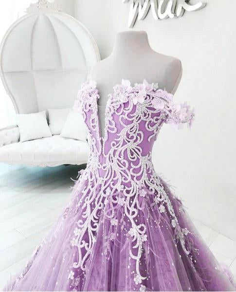 Ball Gown Off the Shoulder V Neck Tulle Lavender Beads Prom Dresses, Quinceanera Dresses SJS15562