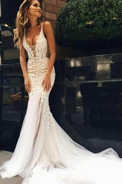 Luxurious Mermaid Long V-neck Wedding Dress with Open Back JS544