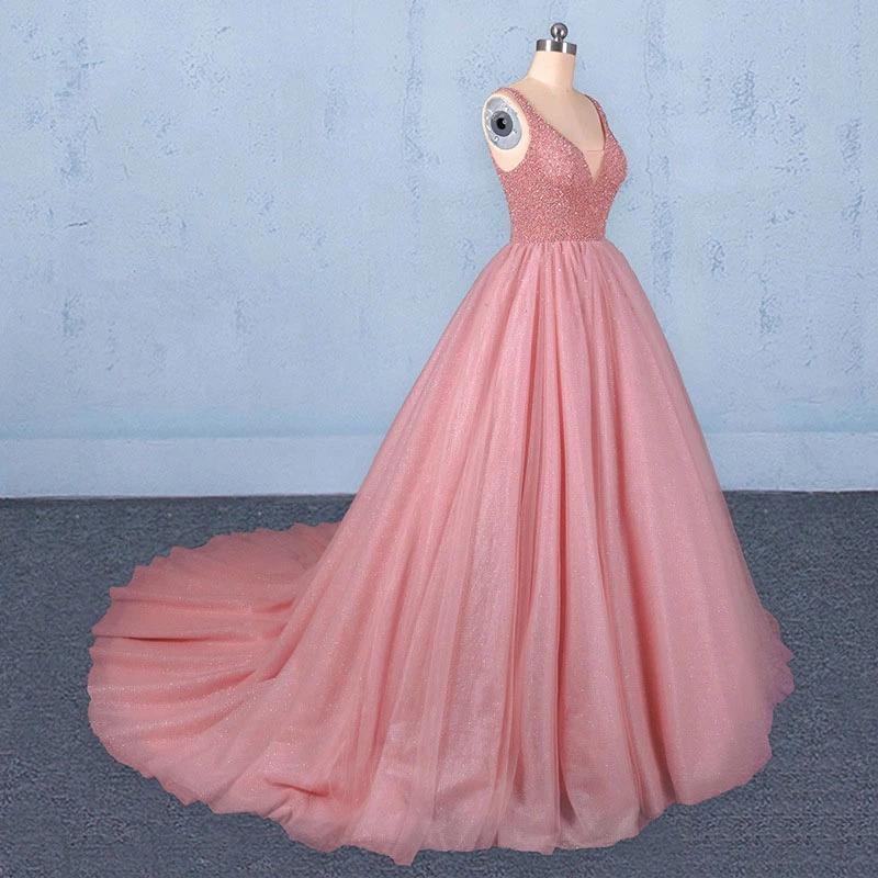 Ball Gown V Neck Tulle Prom Dress with Beads, Puffy Pink Sleeveless Quinceanera Dresses SRS15074