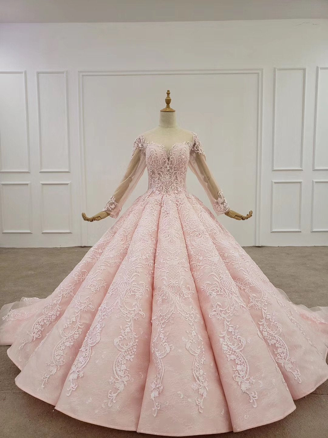 Elegant Ball Gown Pink Long Sleeves Appliques Prom Dresses, Quinceanera SJS20482