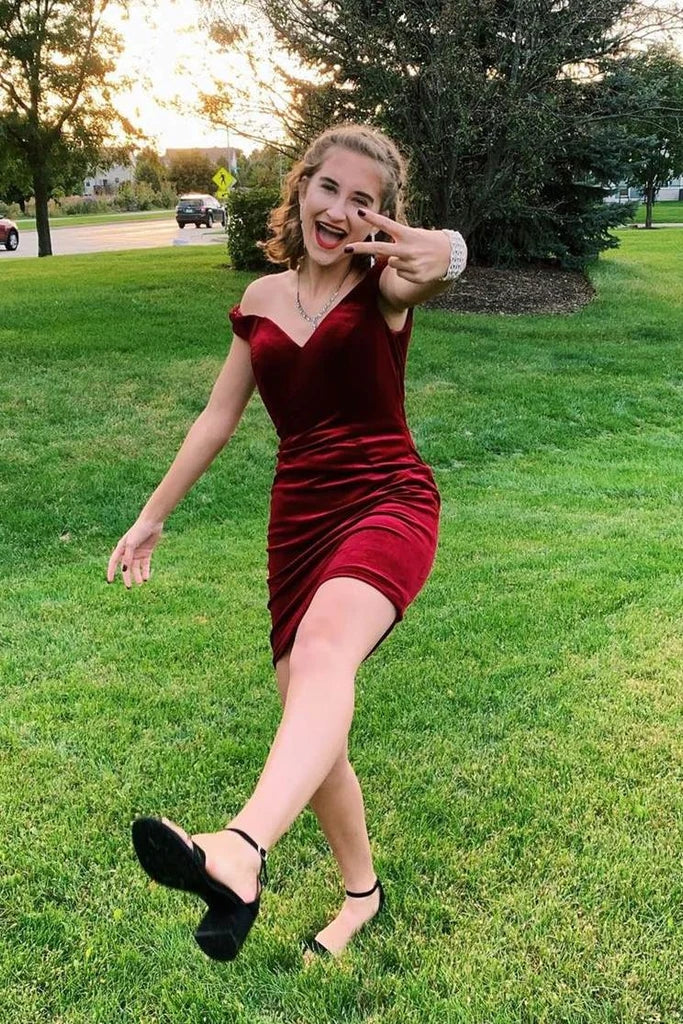 Simple Burgundy Off The Shoulder V Neck Velvet Short Homecoming Dresses