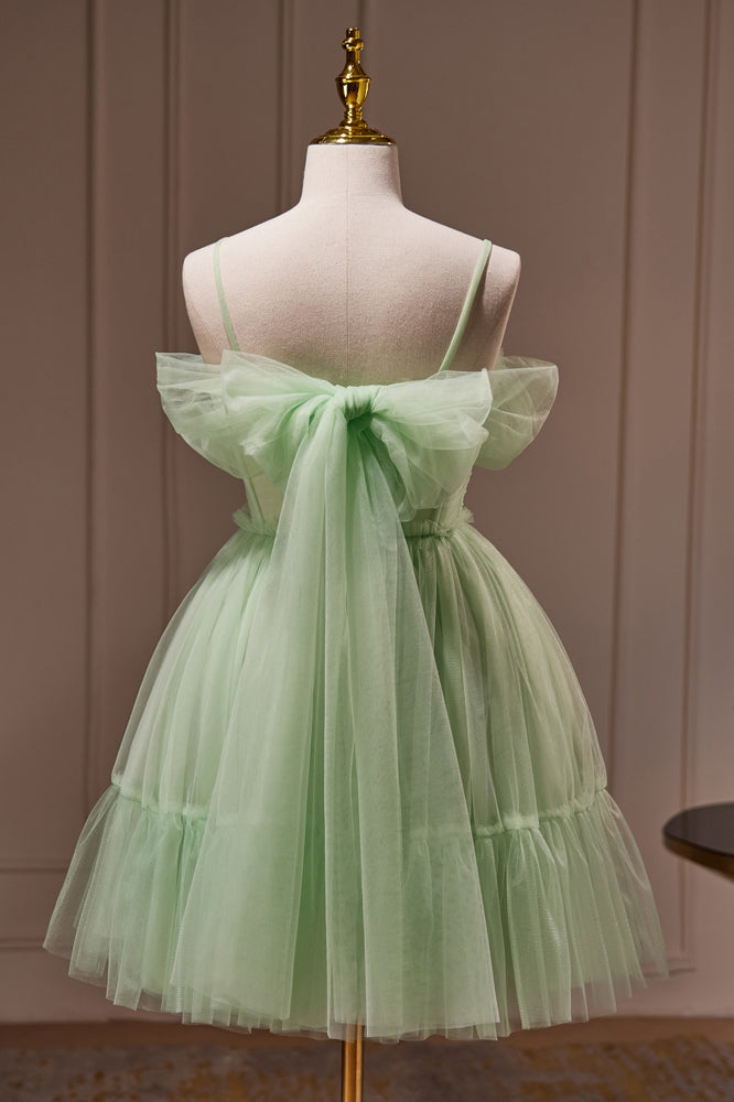 Green Beading Spaghetti Straps Tulle Short Homecoming Dresses